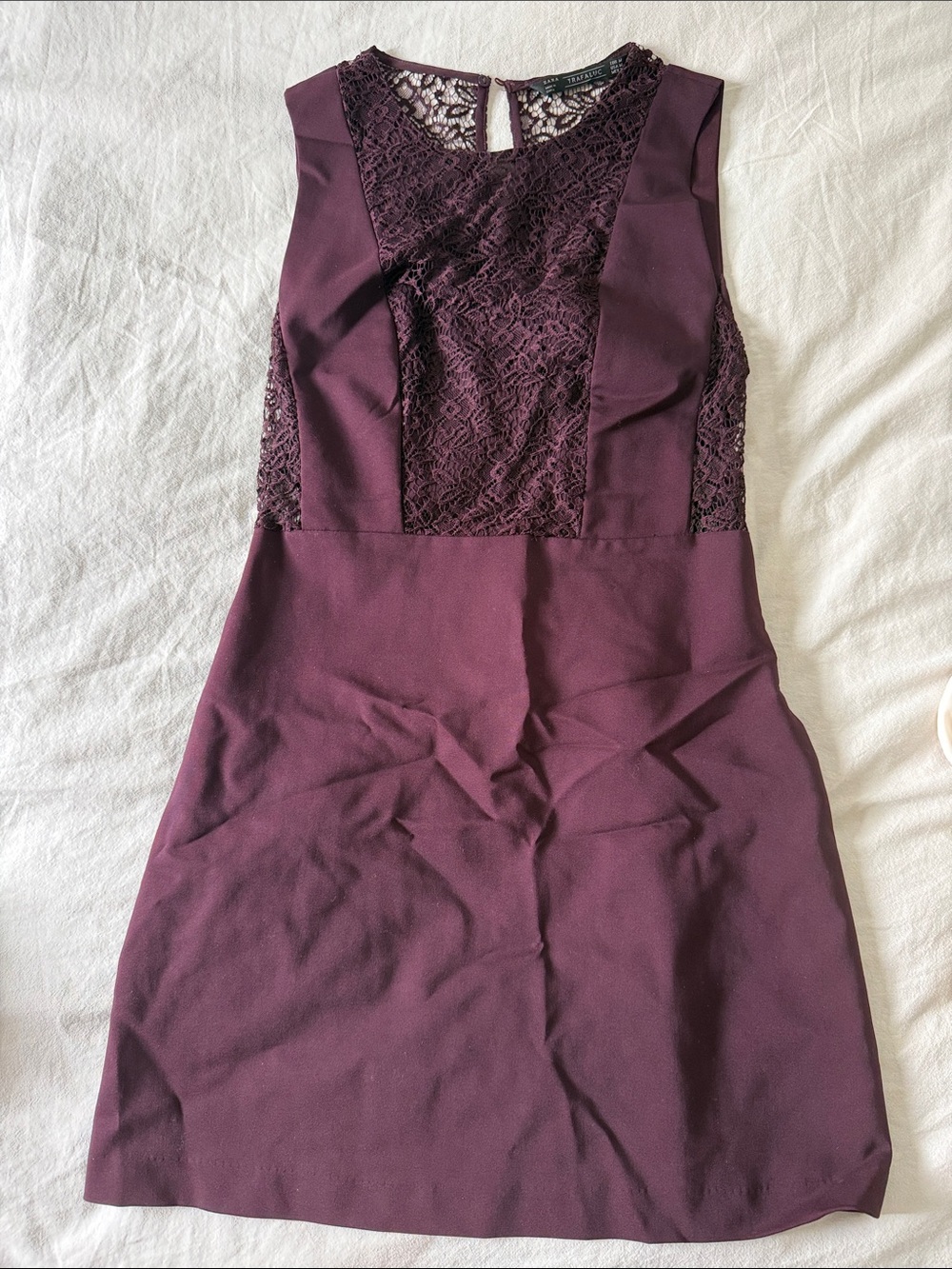 Zara Sleeveless Lace-Panel Plum Sheath Dress